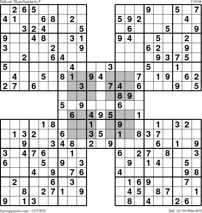 The grouppuzzles.com Difficult HyperSudoku-by5 puzzle for Sunday December 7, 2025