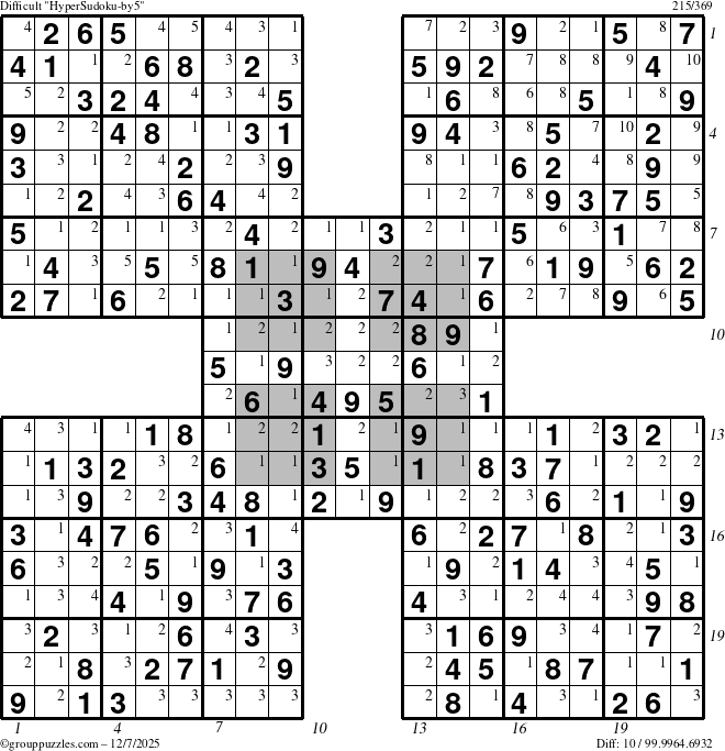 The grouppuzzles.com Difficult HyperSudoku-by5 puzzle for Sunday December 7, 2025, suitable for printing, with all 10 steps marked