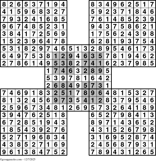 The grouppuzzles.com Answer grid for the HyperSudoku-by5 puzzle for Sunday December 7, 2025