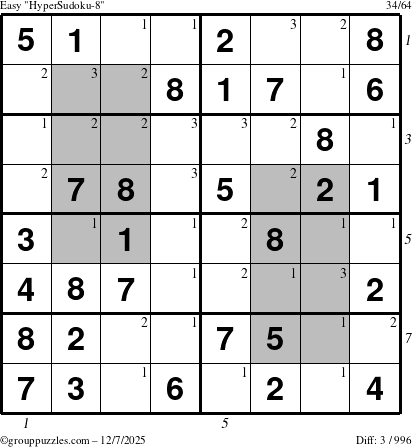 The grouppuzzles.com Easy HyperSudoku-8 puzzle for Sunday December 7, 2025 with all 3 steps marked