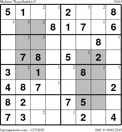 The grouppuzzles.com Medium HyperSudoku-8 puzzle for Sunday December 7, 2025 with the first 3 steps marked