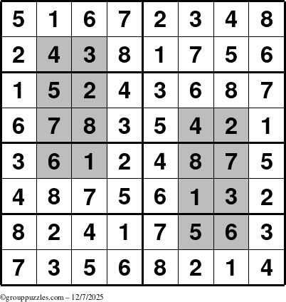 The grouppuzzles.com Answer grid for the HyperSudoku-8 puzzle for Sunday December 7, 2025