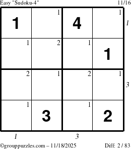 The grouppuzzles.com Easy Sudoku-4 puzzle for Tuesday November 18, 2025 with all 2 steps marked