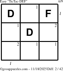 The grouppuzzles.com Easy TicTac-DEF puzzle for Tuesday November 18, 2025 with all 2 steps marked
