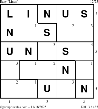 The grouppuzzles.com Easy Linus puzzle for Tuesday November 18, 2025, suitable for printing, with all 3 steps marked