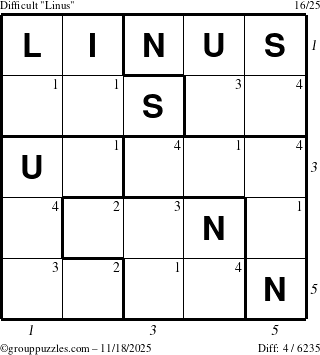 The grouppuzzles.com Difficult Linus puzzle for Tuesday November 18, 2025 with all 4 steps marked
