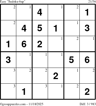 The grouppuzzles.com Easy Sudoku-6up puzzle for Tuesday November 18, 2025 with the first 3 steps marked