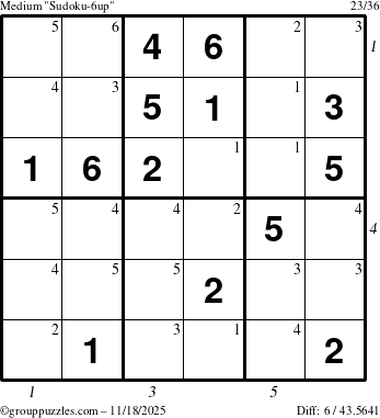 The grouppuzzles.com Medium Sudoku-6up puzzle for Tuesday November 18, 2025, suitable for printing, with all 6 steps marked
