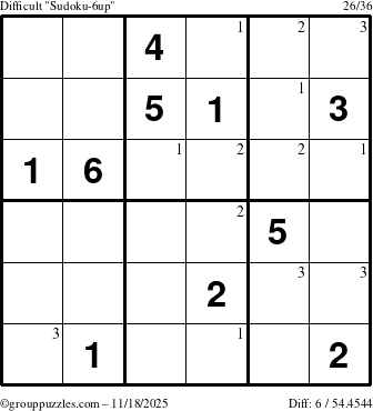 The grouppuzzles.com Difficult Sudoku-6up puzzle for Tuesday November 18, 2025 with the first 3 steps marked