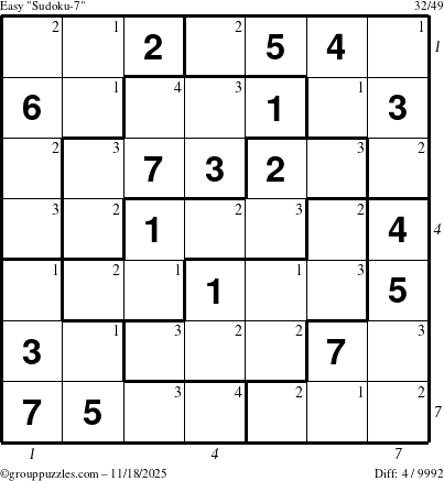 The grouppuzzles.com Easy Sudoku-7 puzzle for Tuesday November 18, 2025 with all 4 steps marked