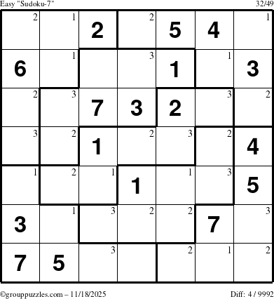 The grouppuzzles.com Easy Sudoku-7 puzzle for Tuesday November 18, 2025 with the first 3 steps marked