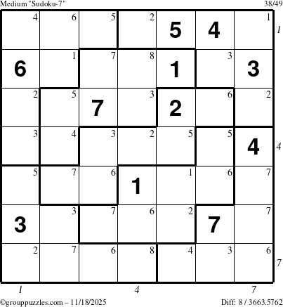 The grouppuzzles.com Medium Sudoku-7 puzzle for Tuesday November 18, 2025, suitable for printing, with all 8 steps marked