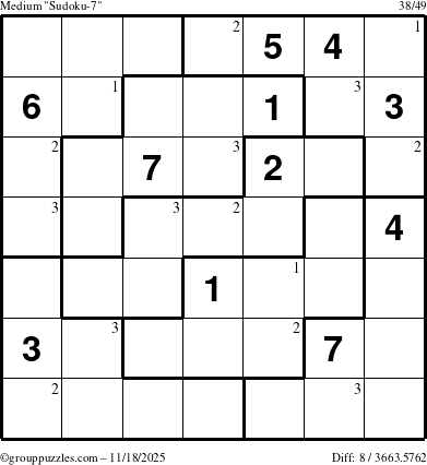 The grouppuzzles.com Medium Sudoku-7 puzzle for Tuesday November 18, 2025 with the first 3 steps marked