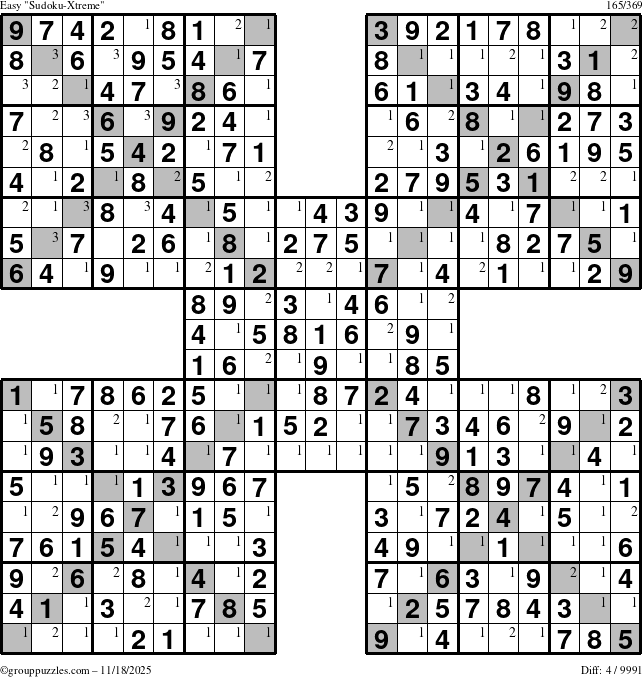 The grouppuzzles.com Easy Sudoku-Xtreme puzzle for Tuesday November 18, 2025 with the first 3 steps marked