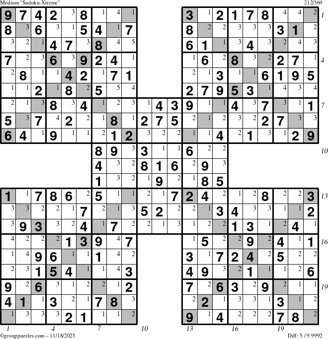The grouppuzzles.com Medium Sudoku-Xtreme puzzle for Tuesday November 18, 2025, suitable for printing, with all 5 steps marked