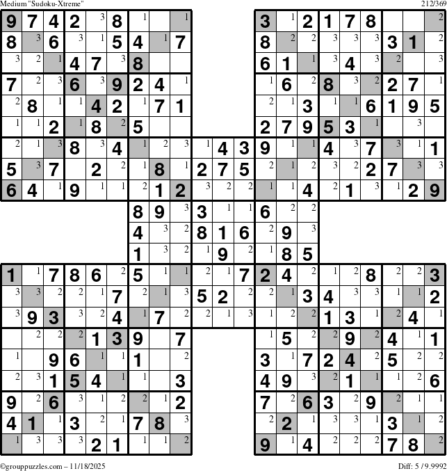 The grouppuzzles.com Medium Sudoku-Xtreme puzzle for Tuesday November 18, 2025 with the first 3 steps marked