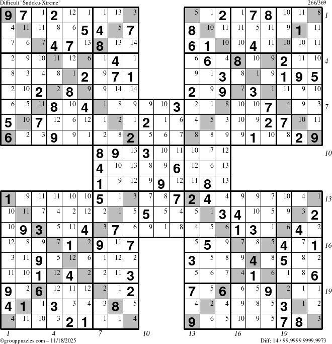 The grouppuzzles.com Difficult Sudoku-Xtreme puzzle for Tuesday November 18, 2025 with all 14 steps marked