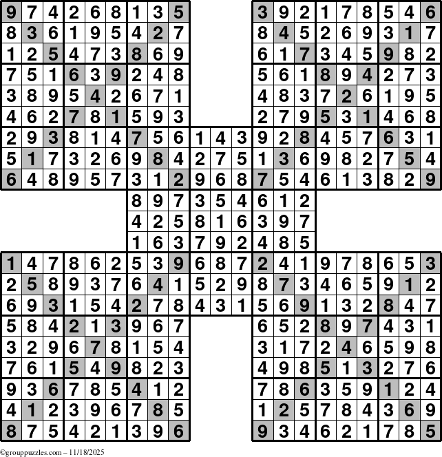 The grouppuzzles.com Answer grid for the Sudoku-Xtreme puzzle for Tuesday November 18, 2025