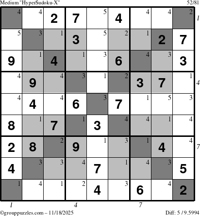 The grouppuzzles.com Medium HyperSudoku-X puzzle for Tuesday November 18, 2025 with all 5 steps marked