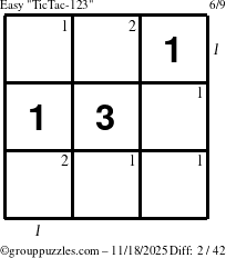 The grouppuzzles.com Easy TicTac-123 puzzle for Tuesday November 18, 2025, suitable for printing, with all 2 steps marked