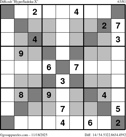 The grouppuzzles.com Difficult HyperSudoku-X puzzle for Tuesday November 18, 2025