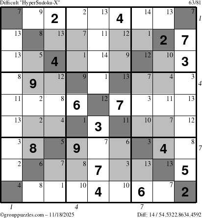 The grouppuzzles.com Difficult HyperSudoku-X puzzle for Tuesday November 18, 2025, suitable for printing, with all 14 steps marked
