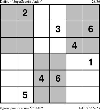The grouppuzzles.com Difficult SuperSudoku-Junior puzzle for Wednesday May 21, 2025