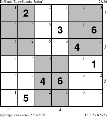 The grouppuzzles.com Difficult SuperSudoku-Junior puzzle for Wednesday May 21, 2025 with all 5 steps marked