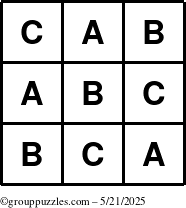 The grouppuzzles.com Answer grid for the TicTac-ABC puzzle for Wednesday May 21, 2025