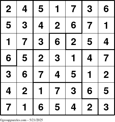 The grouppuzzles.com Answer grid for the Sudoku-7B puzzle for Wednesday May 21, 2025