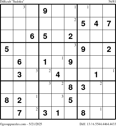 The grouppuzzles.com Difficult Sudoku puzzle for Wednesday May 21, 2025 with the first 3 steps marked