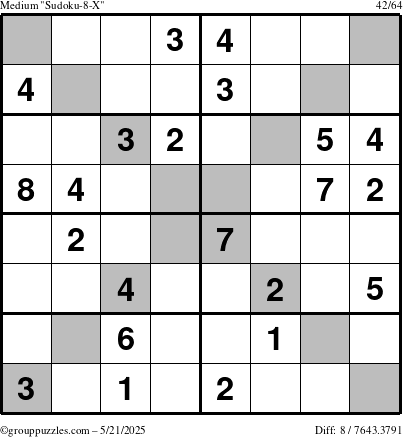 The grouppuzzles.com Medium Sudoku-8-X puzzle for Wednesday May 21, 2025