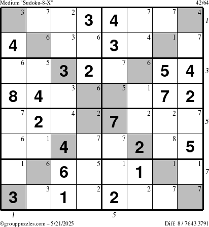 The grouppuzzles.com Medium Sudoku-8-X puzzle for Wednesday May 21, 2025 with all 8 steps marked
