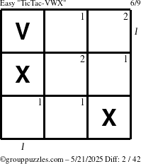 The grouppuzzles.com Easy TicTac-VWX puzzle for Wednesday May 21, 2025, suitable for printing, with all 2 steps marked