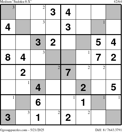 The grouppuzzles.com Medium Sudoku-8-X puzzle for Wednesday May 21, 2025 with the first 3 steps marked