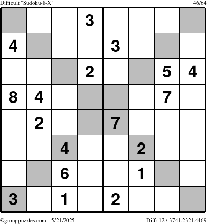 The grouppuzzles.com Difficult Sudoku-8-X puzzle for Wednesday May 21, 2025