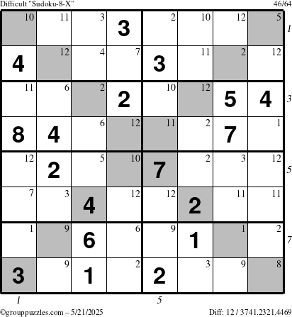 The grouppuzzles.com Difficult Sudoku-8-X puzzle for Wednesday May 21, 2025 with all 12 steps marked