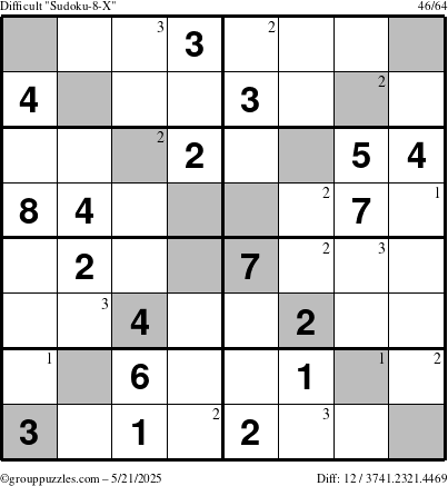 The grouppuzzles.com Difficult Sudoku-8-X puzzle for Wednesday May 21, 2025 with the first 3 steps marked