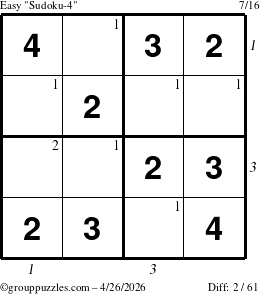 The grouppuzzles.com Easy Sudoku-4 puzzle for Sunday April 26, 2026 with all 2 steps marked