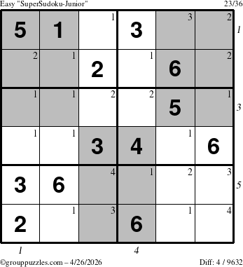 The grouppuzzles.com Easy SuperSudoku-Junior puzzle for Sunday April 26, 2026 with all 4 steps marked