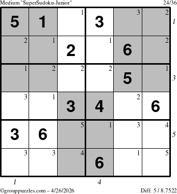 The grouppuzzles.com Medium SuperSudoku-Junior puzzle for Sunday April 26, 2026, suitable for printing, with all 5 steps marked
