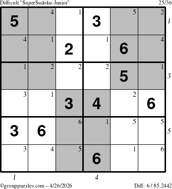 The grouppuzzles.com Difficult SuperSudoku-Junior puzzle for Sunday April 26, 2026 with all 6 steps marked
