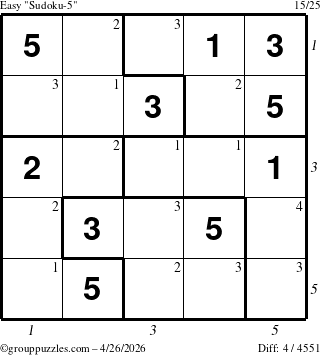 The grouppuzzles.com Easy Sudoku-5 puzzle for Sunday April 26, 2026 with all 4 steps marked