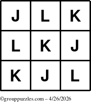 The grouppuzzles.com Answer grid for the TicTac-JKL puzzle for Sunday April 26, 2026