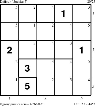 The grouppuzzles.com Difficult Sudoku-5 puzzle for Sunday April 26, 2026, suitable for printing, with all 5 steps marked