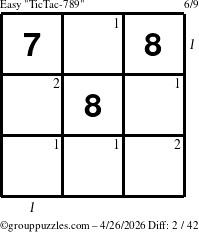 The grouppuzzles.com Easy TicTac-789 puzzle for Sunday April 26, 2026 with all 2 steps marked