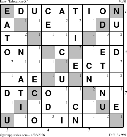The grouppuzzles.com Easy Education-X puzzle for Sunday April 26, 2026 with all 3 steps marked