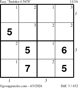 The grouppuzzles.com Easy Sudoku-4-5678 puzzle for Friday April 3, 2026, suitable for printing, with all 3 steps marked