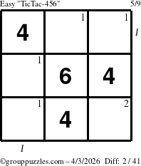 The grouppuzzles.com Easy TicTac-456 puzzle for Friday April 3, 2026 with all 2 steps marked