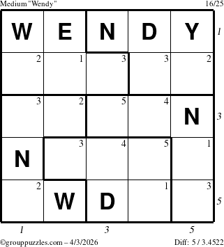 The grouppuzzles.com Medium Wendy puzzle for Friday April 3, 2026 with all 5 steps marked